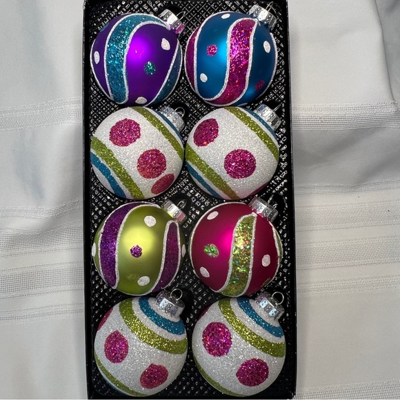 Christmas Ornaments - 16 Glass Glitter Bright Colors Polka Dots Stripes IOB - Picture 2 of 4